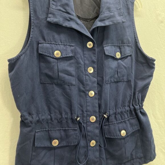 Drapers & Damons Vest Large Navy Blue Utility Pockets Cinch Waist Gold Buttons - Picture 5 of 11